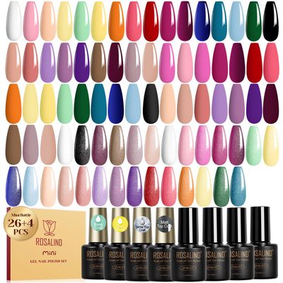 ROSALIND 30pcs Gel Nail Polish Set, 26 Colors Gel Polish with 4Pcs Base and Glossy Matte Glitter Top Coat All Seasons Nude Blue Red Nails art Kit DIY Salon at Home