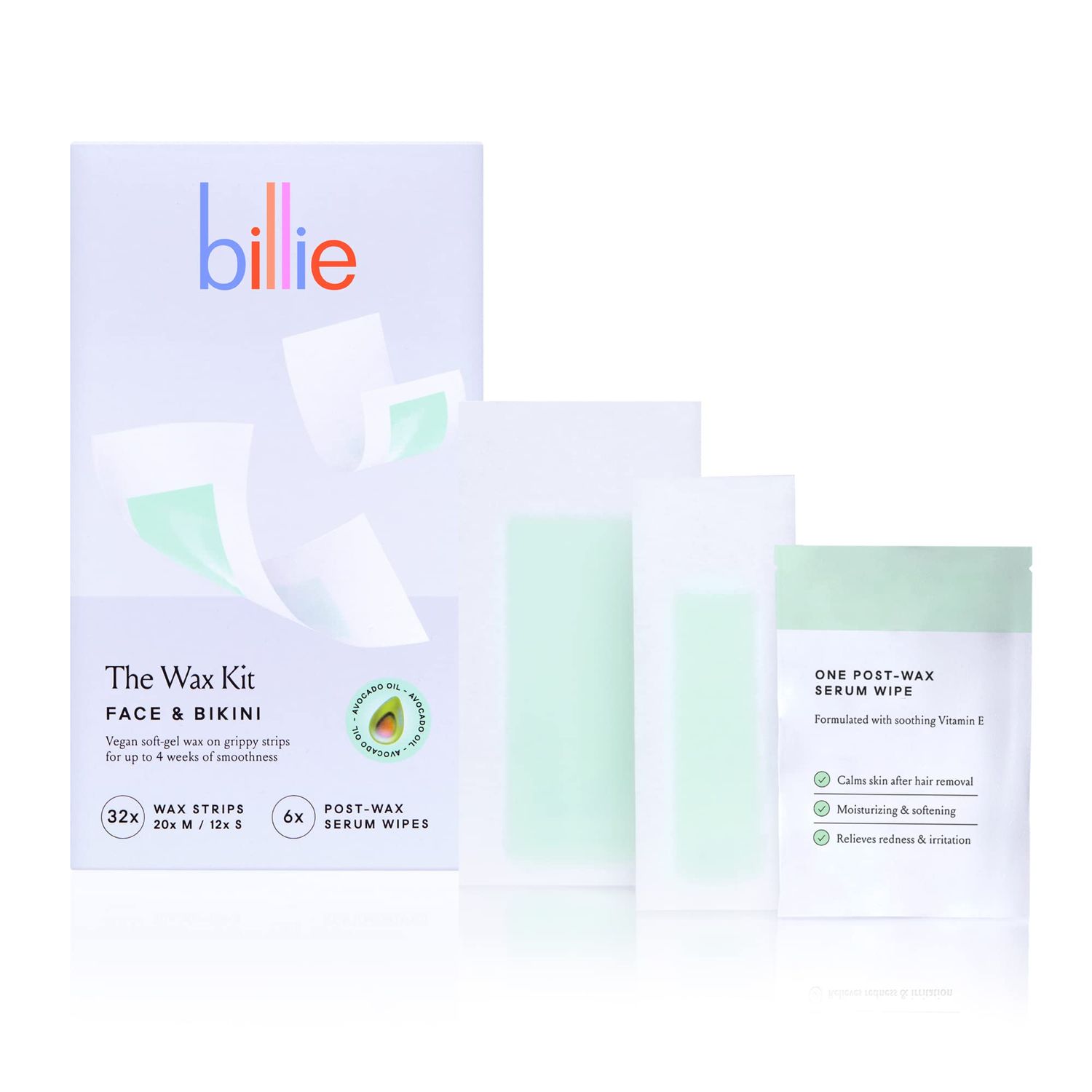 Billie Wax Kit - Face &amp; Bikini - 32 wax strips - 6 post-wax serum wipes