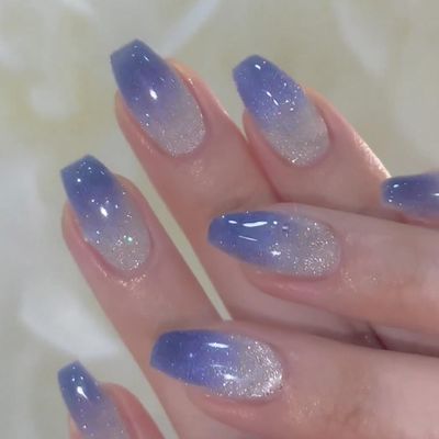 Hkanlre Bling Coffin Press on Nails Fake Nails Tips Full Cover Medium False Gradient Nails for Women and Girls 24PCS (Blue gradient bling)