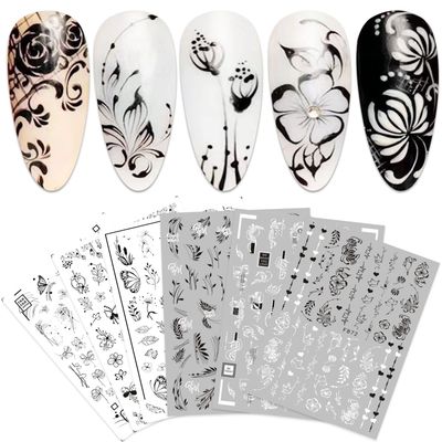 10 Sheets Black &amp; White Butterfly Flower Spring Nail Stickers Self-Adhesive Nail Art Decal Butterfly Floral Nail Design Decoration for Women Men