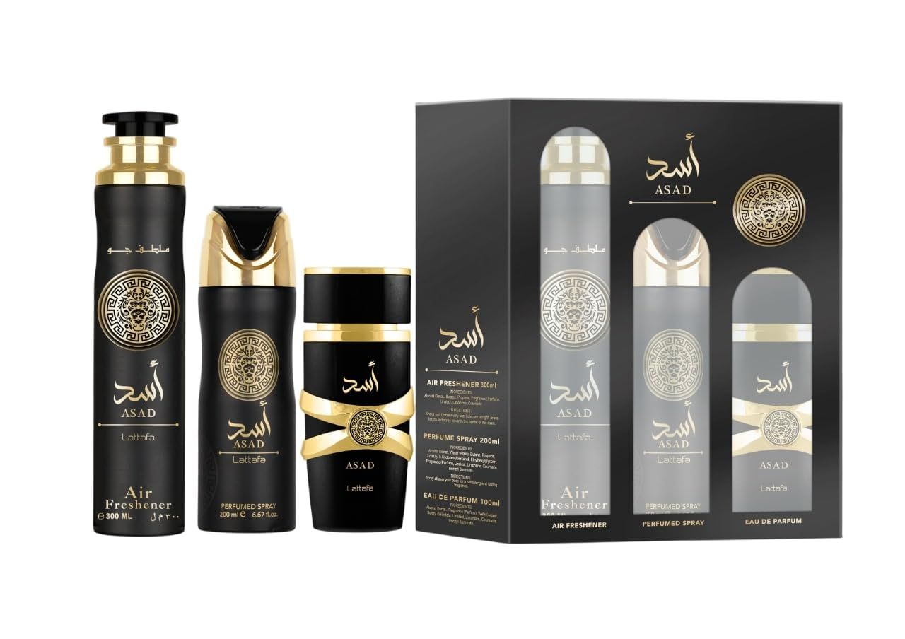 Lattafa Asad 3 Piece Gift Set (3.4 Fl Oz EDP 6.67 Fl Oz Deo 10.14 Fl Oz Air Freshener)