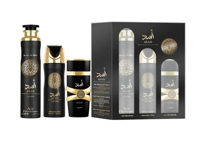 Lattafa Asad 3 Piece Gift Set (3.4 Fl Oz EDP 6.67 Fl Oz Deo 10.14 Fl Oz Air Freshener)