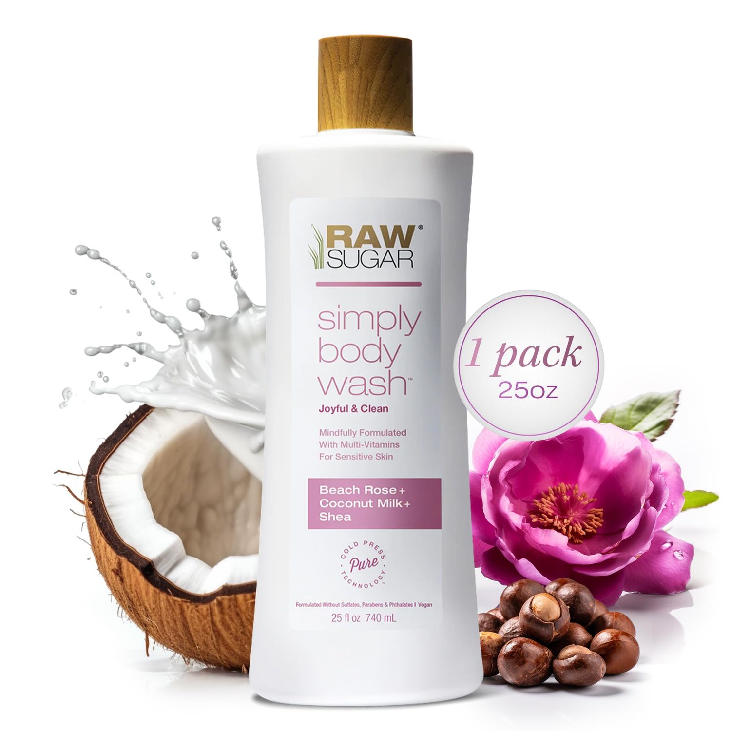 RAW SUGAR Simply Body Wash, Beach Rose Coconut Milk Shea (25 Fl Oz, Pack of 1) Sensitive Skin Bath Soap, Formulated without Sulfates &amp; Parabens