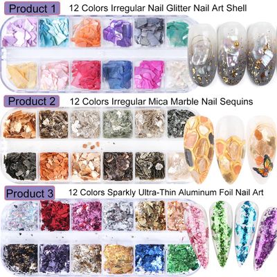 UARUOGP 3 Boxes 36 Grids Nail Art Foil Flakes Glitter Irregular Mica Seashell Flakes,Nail Supplies Glitter Slice Colorful Marble Seashell DIY Acrylic Decorations Charms
