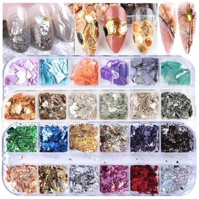 UARUOGP 3 Boxes 36 Grids Nail Art Foil Flakes Glitter Irregular Mica Seashell Flakes,Nail Supplies Glitter Slice Colorful Marble Seashell DIY Acrylic Decorations Charms