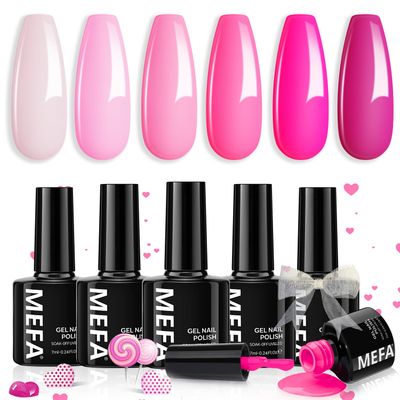 MEFA Pink Gel Nail Polish Set 6 Colors, Hot Pink Shades Spring Neon Light Bright Magenta Electric Tones Craze Nail Art Design at Home DIY Decorations Manicure Kit Gifts for Women