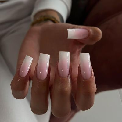 KQueenest Ombre Pink Press on Nails Long Square Shaped Gradient French Fake Nails Press Ons, Natural Gel Square Tips - 24 Pcs Coffin Acrylic False Nails Set for Women Daily Wear