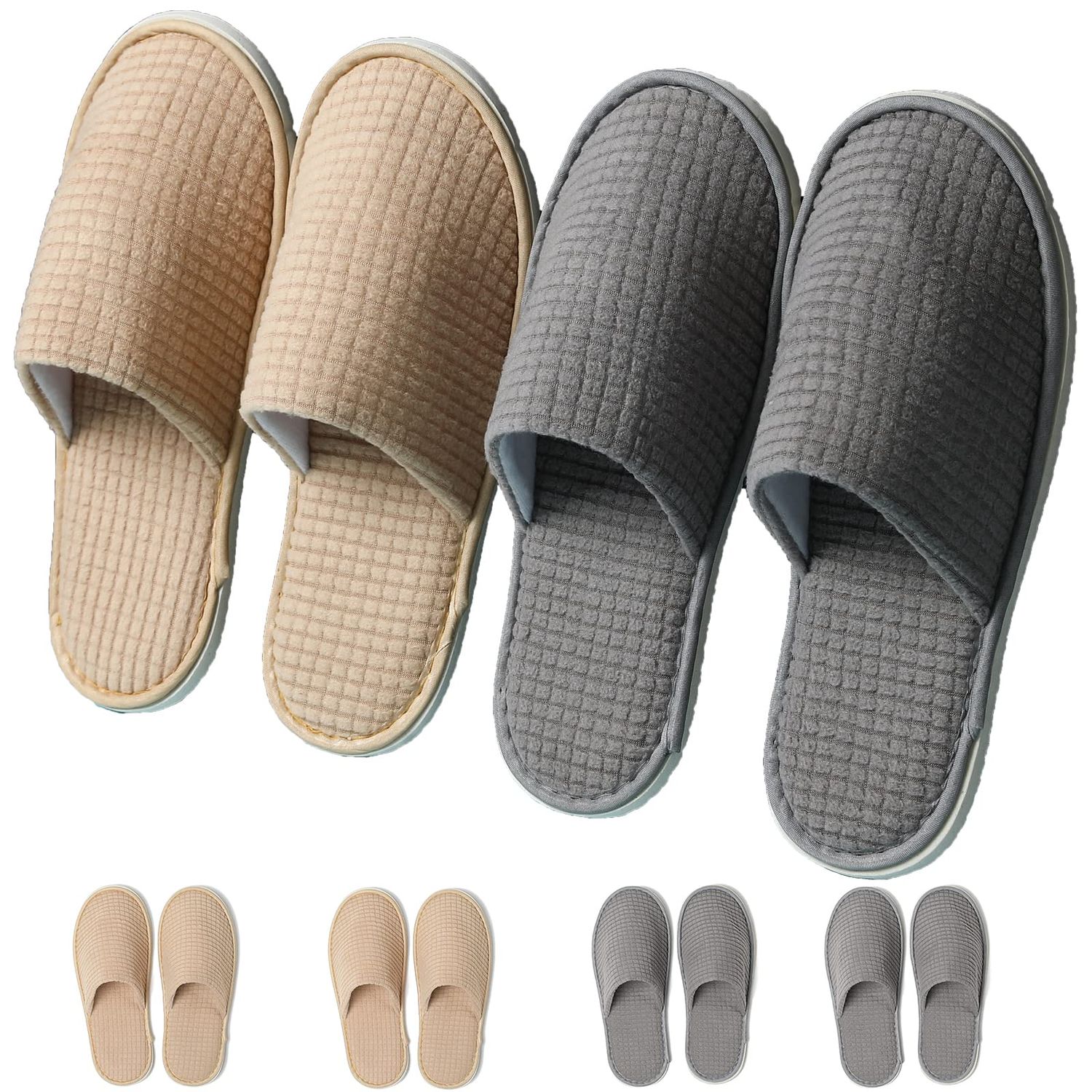 COZYAREA SPA, 6/12 Pairs Disposable Slippers for Guests, Soft Polar Fleece, Washable Reusable, Unisex for Wedding Party Bedroom Hotel And House Travel (3 Pairs Each Grey Beige)