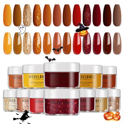modelones Acrylic Powder Set - 12 Colors Fall Winter Nail Set - Professional Colored Acrylic Polymer Powder Glitter Red Gold Orange - Halloween Thanksgiving Gifts