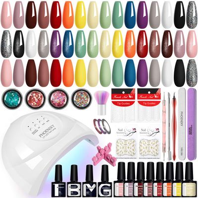 PHOENIXY Gel Nail Polish Kit with U V Light 40 Pcs Black Red White Pink Green Grey Brown Purple Blue Nail Polish Set with 48W Nail Lamp Gel Nail Kit Gifts for Women