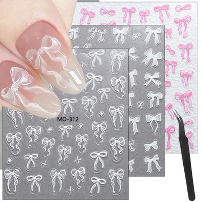 DAJIJIYOU 3sheets 5D Embossed Bow Nail Stickers for Nail Art Self-Adhesive Bow Nail Decals White Pink Bow Nail Art Stickers Design Cute Bow Nail Art Supplies for Women Girls