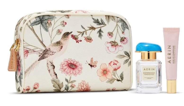 AERIN Mediterranean Honeysuckle Essentials Gift Set.- Eau de Parfum 1 fl oz / 30 ml, Rose Lip Conditioner full-size and Canvas Cosmetic Bag