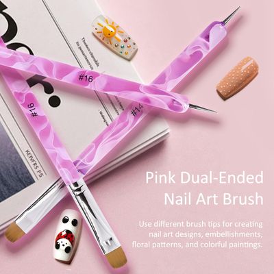 Premium French Gel Acrylic Nail Art Brush &amp; Dotting Tool - Professional Manicure Tool for Detailed Designs, Size 14 &amp; 16, Elegant Pink Marble