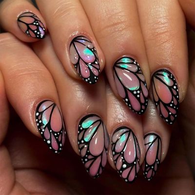 QQPPOLIU Medium Press on Nails Almond Shape with Butterfly Designs 3D Glue on Nails, 24pcs for Girl