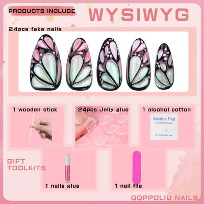 QQPPOLIU Medium Press on Nails Almond Shape with Butterfly Designs 3D Glue on Nails, 24pcs for Girl