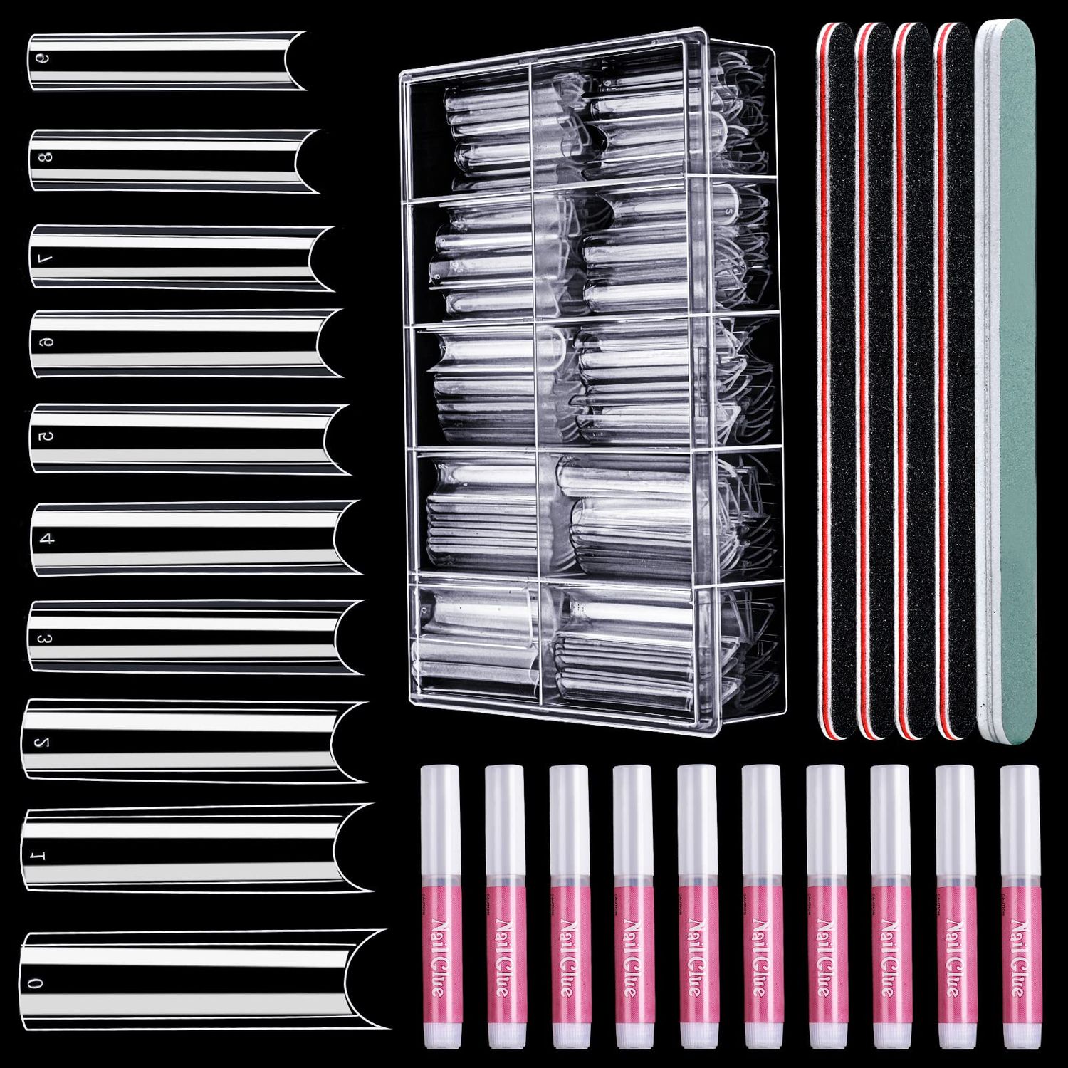 HNYYZL Extra Long Square ABS False Nail Tips, 240Pcs Kit with C Curve, Nail Glue, File for Salon Home DIY
