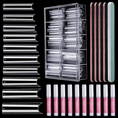 HNYYZL Extra Long Square ABS False Nail Tips, 240Pcs Kit with C Curve, Nail Glue, File for Salon Home DIY