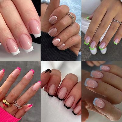 6 Packs 144 pcs French Tip Press on Nails Short, OPkassnail Press on Nails Short Square, Reusable Glue On Nails,Gel Fake Nails Kit,Nails with Glue Adhesive Tabs Nail File for Women