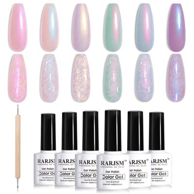 RARJSM Pearl Gel Nail Polish - Glitter Pearlescent Shell Gel Polish in Pink, Beige, Blue, Green, Purple Shimmer Mermaid Swirl Thread Effect - Soak Off LED UV Curing - DIY Manicure Use