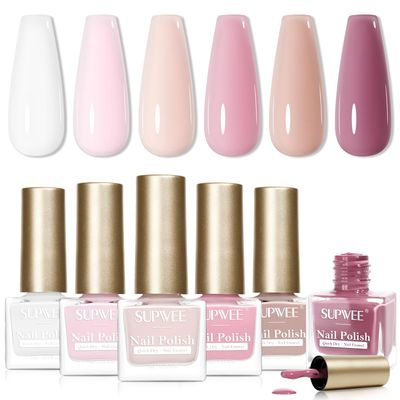 SUPWEE Nude Nail Polish Set,6 Colors Quick Dry Regular Natural Nail Polish White Light Pink Winter Neutral Color Fingernail Polish Nail Lacquer High Glossy Nail Manicure DIY Salon Gift for Women Girl