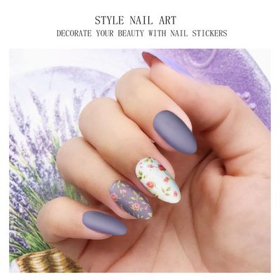 JMEOWIO Gel Nail Stickers White Purple Flower Semi Cured Gel Nail Strips Wraps UV/LED Nails Art Design Decoration Accessories