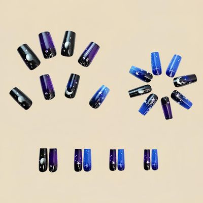 MIXFOSAHN Press on Nails Medium Sqaure Fake Nails Starlit Sky Black False Nails with Artistic Embossed Designs Moon Stars Full Cover Stick on Nails Glue on Nails Acrylic Nails for Women Girls 24 Pcs