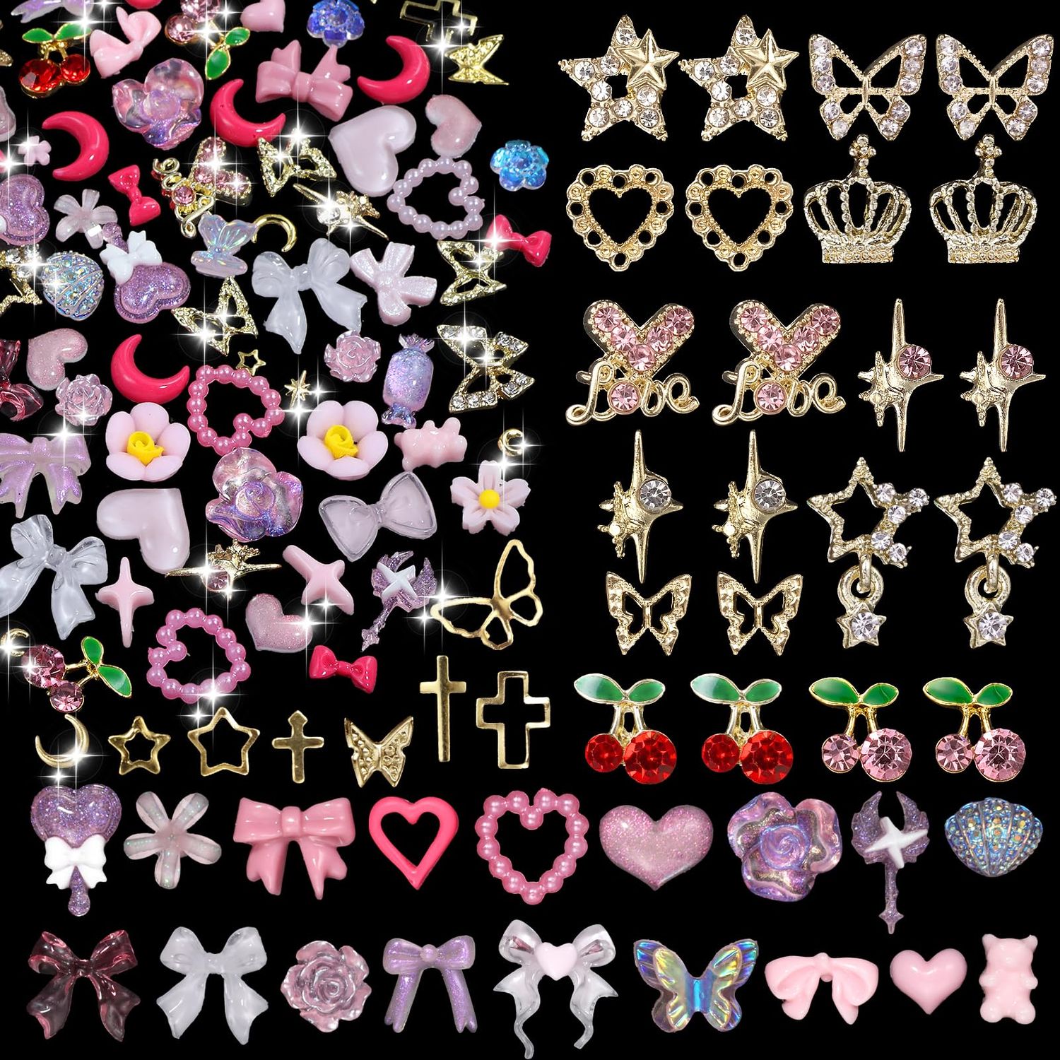 630 Pcs 3D Nail Gems and Charms - Alloy Gold Heart Butterfly Crown Star Rhinestones, Acrylic Flower Bow Jewelry, Cross Star Rivet Studs for Nail Design DIY