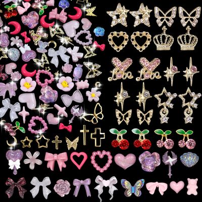 630 Pcs 3D Nail Gems and Charms - Alloy Gold Heart Butterfly Crown Star Rhinestones, Acrylic Flower Bow Jewelry, Cross Star Rivet Studs for Nail Design DIY
