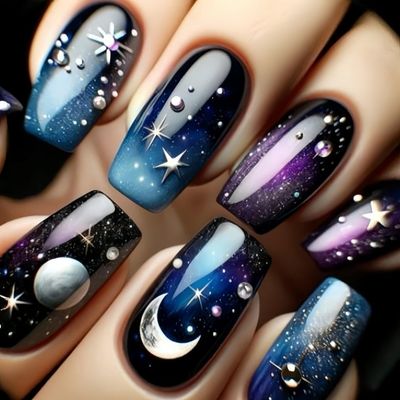 MIXFOSAHN Press on Nails Medium Sqaure Fake Nails Starlit Sky Black False Nails with Artistic Embossed Designs Moon Stars Full Cover Stick on Nails Glue on Nails Acrylic Nails for Women Girls 24 Pcs