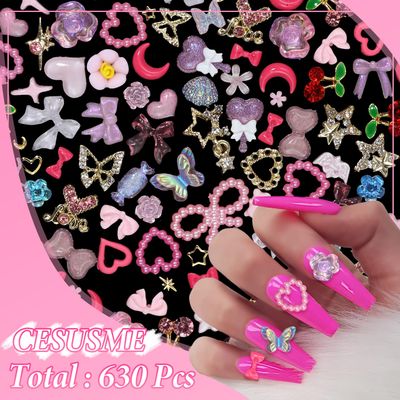 630 Pcs 3D Nail Gems and Charms - Alloy Gold Heart Butterfly Crown Star Rhinestones, Acrylic Flower Bow Jewelry, Cross Star Rivet Studs for Nail Design DIY