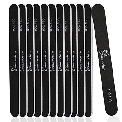 Maryton Nail File 100/180 Grit Emery Boards for Nails 12 PCS Professional Double Sides Washable Nail Files Kit for Acrylic Nails for DIY Salon Use (Black)