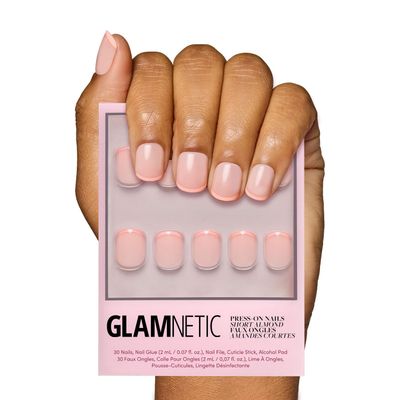 Glamnetic Press On Nails - French Peach | Super Short Round Fake Nails with Peach French Tips and Glossy Finish, Reusable Spring Nails | 15 Sizes - 30 Nail Kit with Glue