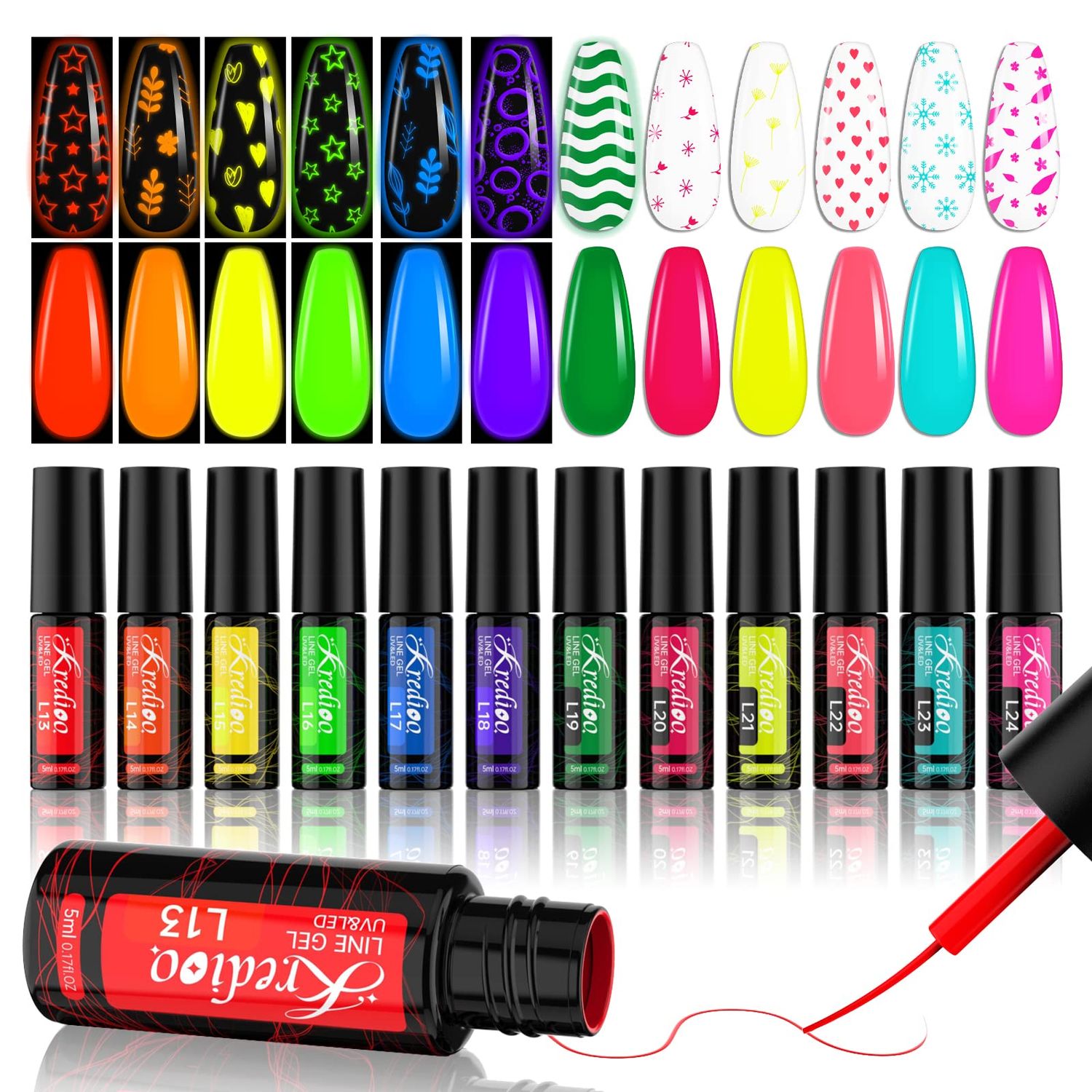 Kredioo Gel Liner Nail Art Polish, Glow-in-the-dark Neon 12 Colors Bright Sugar Rainbow Summer Nails High Pigmented UV Lamp Needed Gels with Thin Brush