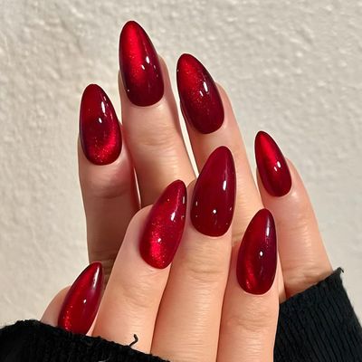 24 Pcs Spring Red Press on Nails Short Almond - YEFIUO Cats Eye Nail Tips Acrylic Nail Kit Fake Nails Press ons French Glue on Nails Short Nail Art Full Cover Glitter False Nails for Women
