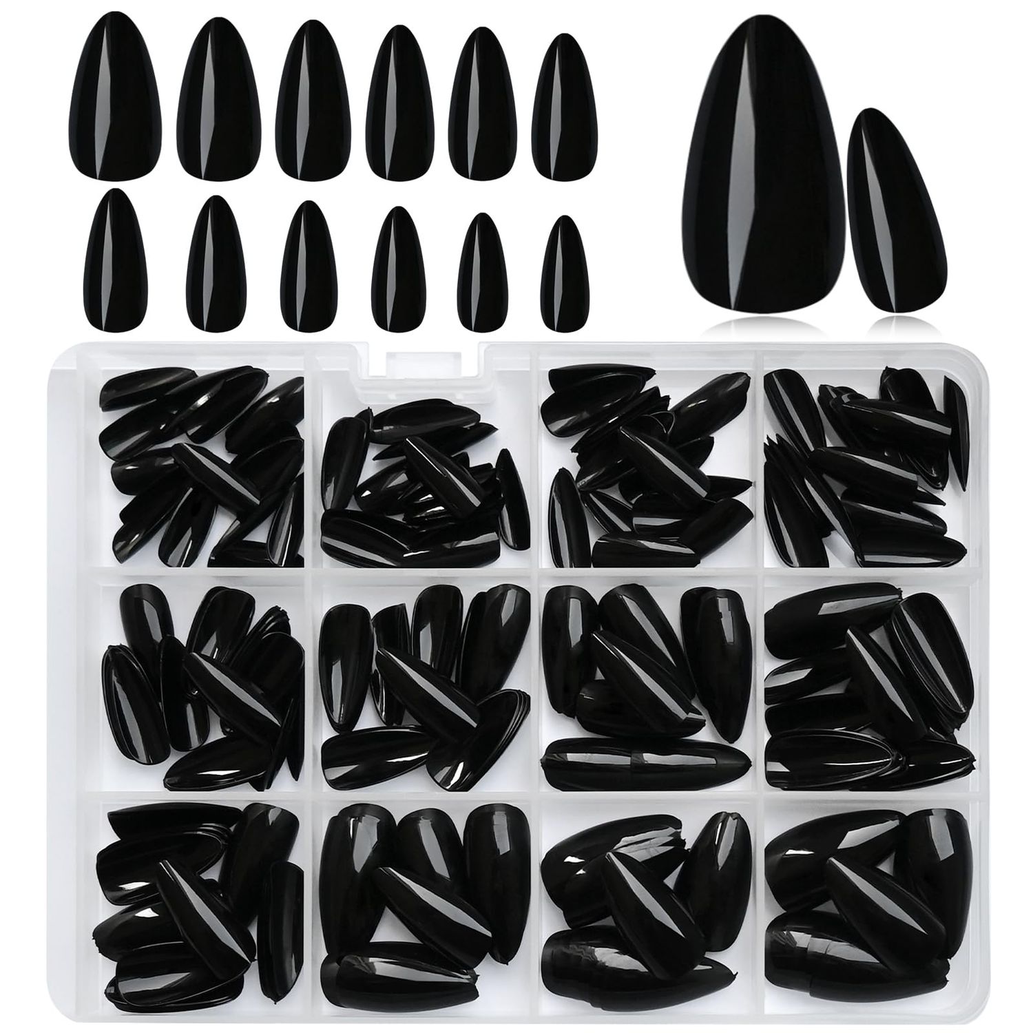 LoveOurHome 240pc Almond Press on Nails Medium Black Fake Nail Tips Full Cover Glue Almond Acrylic Nails Press ons Nail Short Stiletto False Artificial Fingernail &amp; Glue Adhesive Tabs for Women Girls