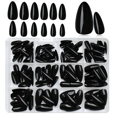 LoveOurHome 240pc Almond Press on Nails Medium Black Fake Nail Tips Full Cover Glue Almond Acrylic Nails Press ons Nail Short Stiletto False Artificial Fingernail &amp; Glue Adhesive Tabs for Women Girls
