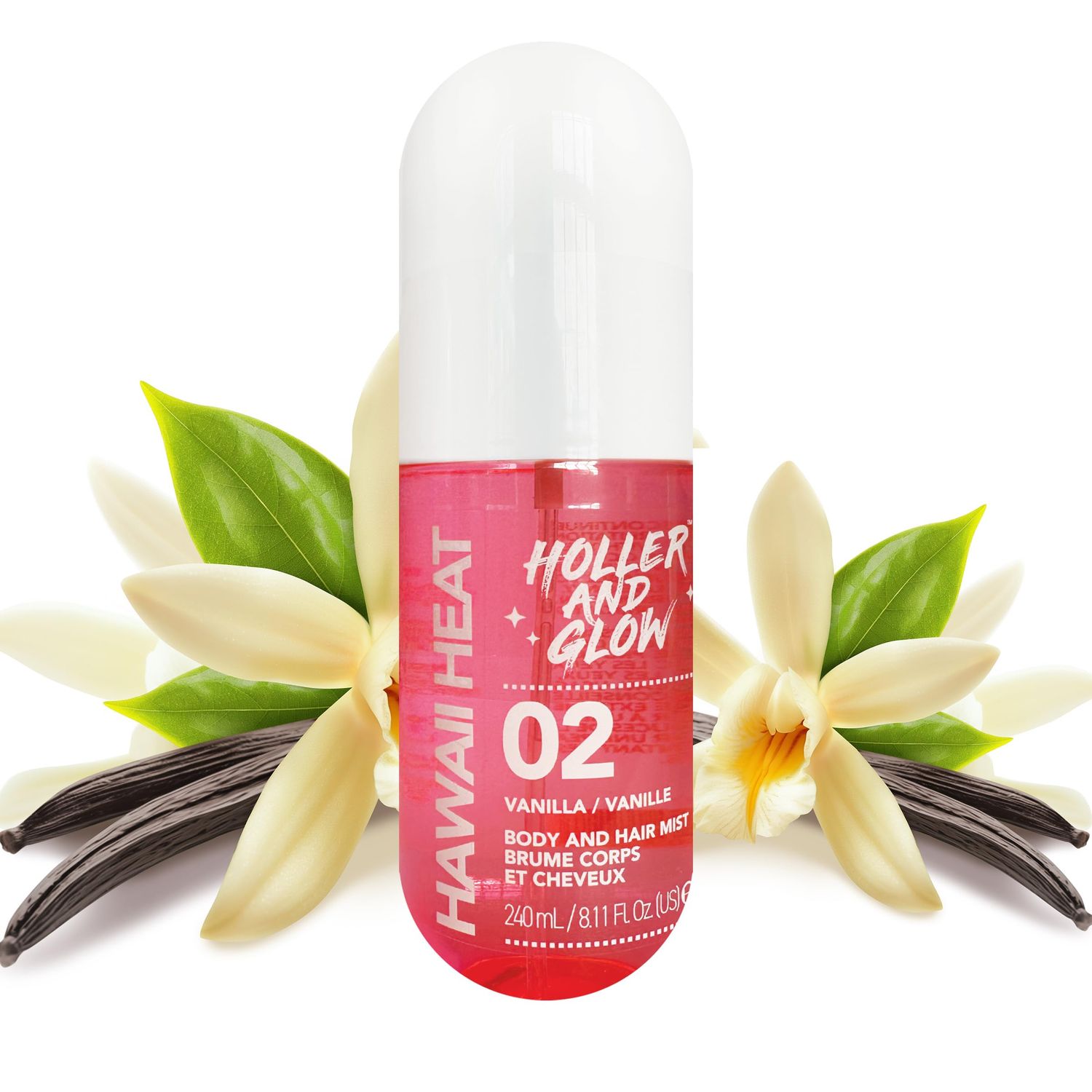 Holler and Glow Hawaii Heat Vanilla Body &amp; Hair Mist, Body Spray For Women, Hair Perfume For Women, Delicate Peony, Amber Scented, Warm &amp; Sweet Fragrance Notes, 8.11 Fl Oz