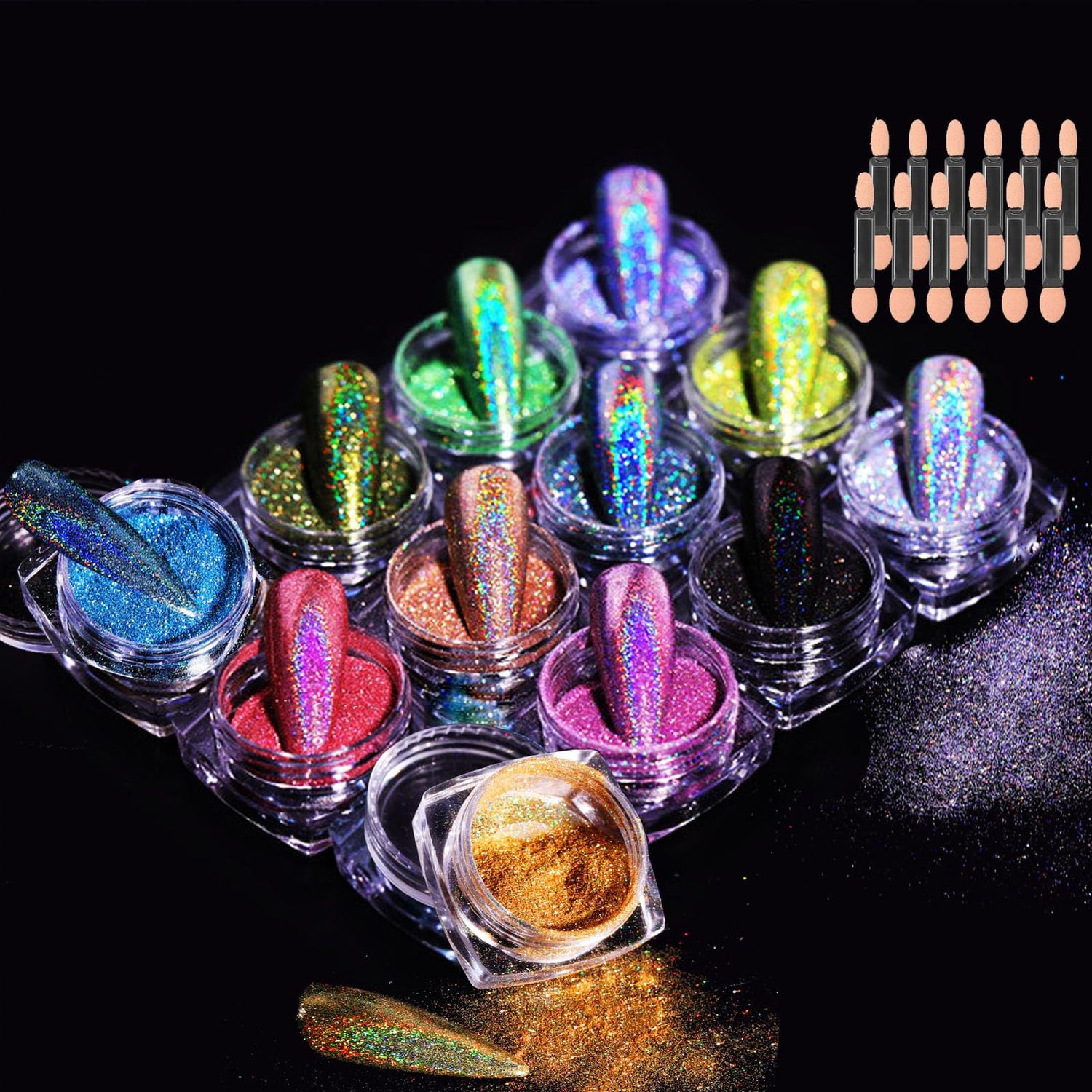 RsoeFlower 12 Color Nail Glitter Powder, Gold Sliver Metallic Nail Dust, Holographic Chrome Nail Kit, Ultra Fine, Rainbow Neon Pigment Manicure Chameleon Mica Powder for Gel Nail Art