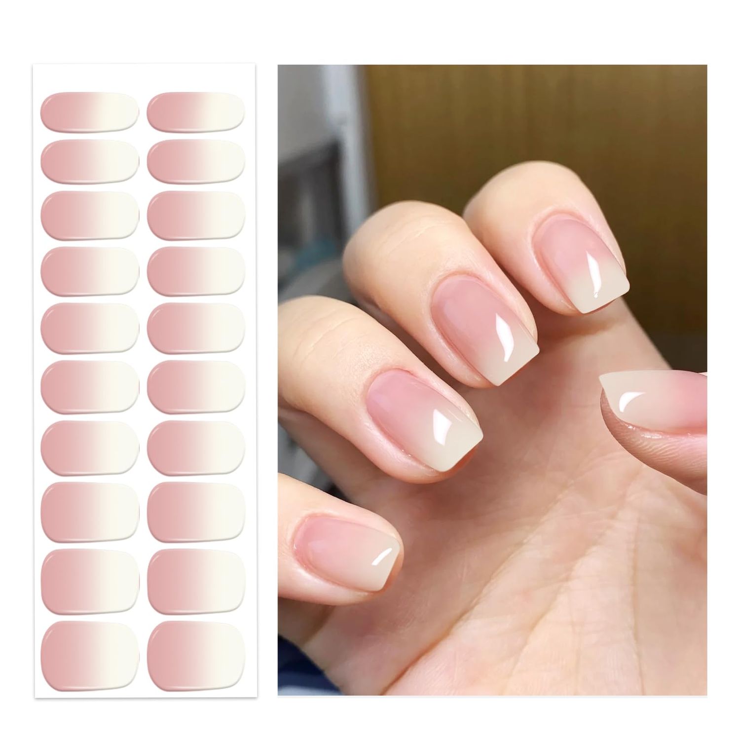 Oauee Semi Cured Gel Nail Strips | 20 Gel Nail Stickers | For Uv/Led Manicure Lamps | Salon Quality, Easy Application And Removal(Nude Pink Gradient Color)
