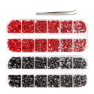 3000 PCS Rhinestones for Craft, PHOGARY Red &amp; Black Flat Back Rhinestones 6 Sizes (2-5 mm) with Pick Up Tweezer for Crafts Nail Face Art Clothes Shoes Bags Phone Case DIY
