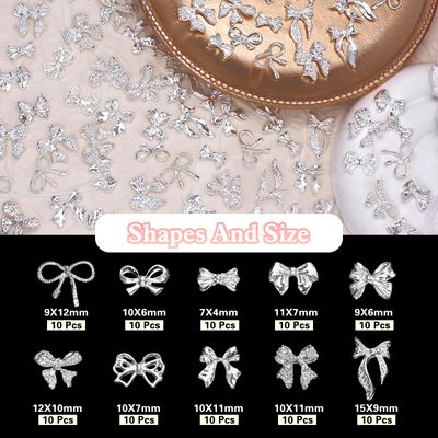 100 Pcs Silver Bow Nail Charms Y2K, 10 Styles Alloy Nail Bows Charms for Nail Art, Shiny Metal Bowknot Nail Art Charms for Nails Art Design DIY Accessories