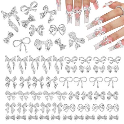 100 Pcs Silver Bow Nail Charms Y2K, 10 Styles Alloy Nail Bows Charms for Nail Art, Shiny Metal Bowknot Nail Art Charms for Nails Art Design DIY Accessories
