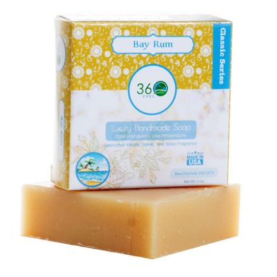 360Feel Bay Rum Soap - Handcrafted Castile Soap Bar with Spicy Scent - Handmade with Bay Rum Essential Oil for Men - A Gift for Anniversaries, Weddings, and Holiday Stockings - Rich Lather - 5 Ounce