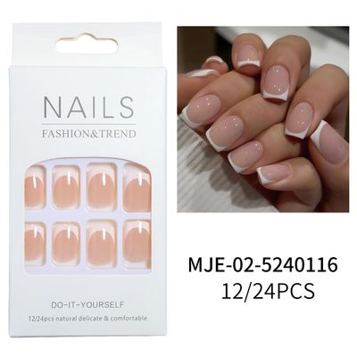 Short Square French Tip Press on Fake Nails - White Stick on False Nail Tips with Exquisite Design for Women, Manicure, 24 Pieces