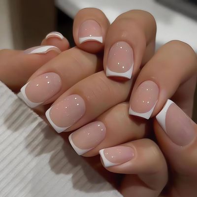 Short Square French Tip Press on Fake Nails - White Stick on False Nail Tips with Exquisite Design for Women, Manicure, 24 Pieces