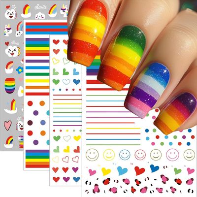 6 Sheets Rainbow Nail Stickers for Women Kids - Colorful Nail Art Decals with Heart Dot Rainbow Flower Designs, Perfect for Pride Month Parties 3D DIY Nail Decoration Fun Vibrant Designs