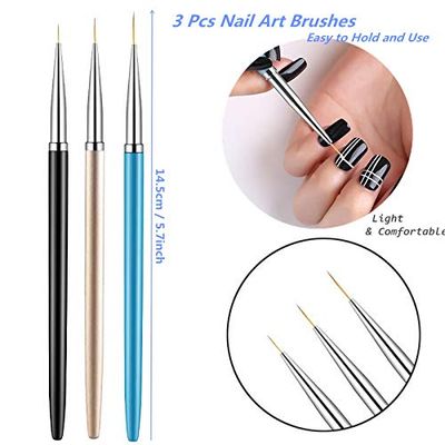 3PCS Nail Art Liner Brushes, UV Gel Painting Acrylic Nail Design Nylon Brush, Nail Painting Drawing Pens (7/9/11mm)