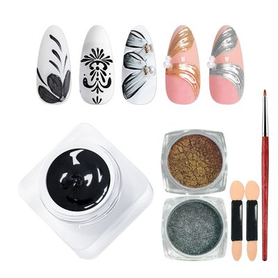 U-Shinein Mirco Sculpture Painting Nail Gel with Chrome Nail Powder, 3D Black Painting Carved Nail Gel, Metallic Mirror Effect, Creative Molding Gel for DIY Nail Home Salon Manicure Soak Off UV LED