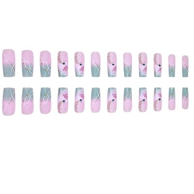 Press on Nail Square Medium Artificial Acrylic Nails Marble Pattern False Nails Gradient Flower Design French Fake Nails Full Cover Glossy Reusable Coffin Nails Glue on Nails for Women 24Pcs