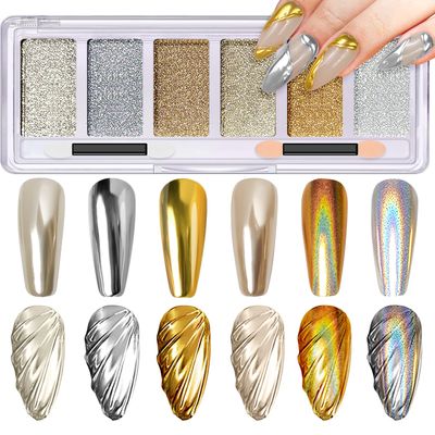Gold Silver Chrome Nail Powder, Holographic Unicorn Iridescent Chrome Powder for Nails, 6 Colors Metallic Mirror Effect Champagne Chrome Nail Art Powder Pigment Glitter with Applicators for Nail Art